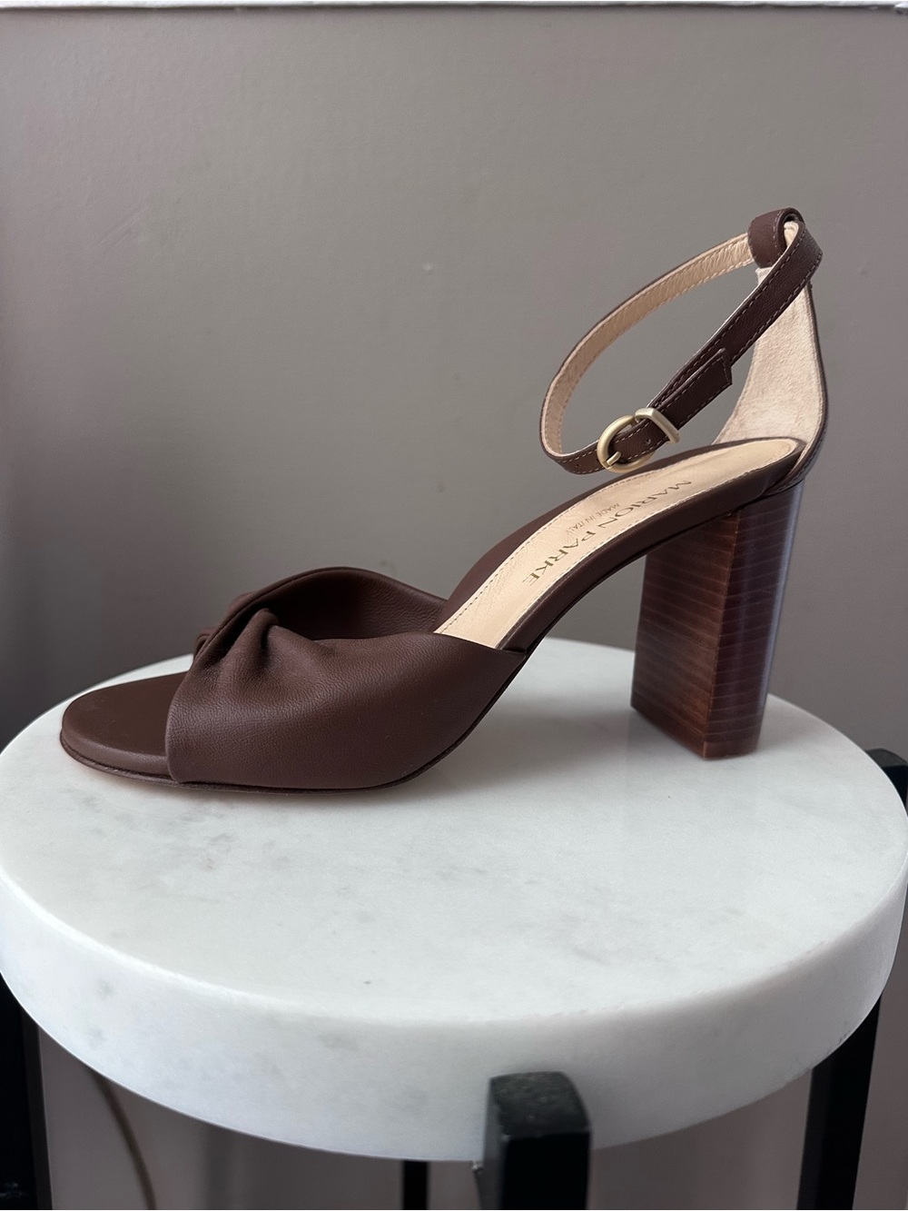 Women's Chocolate Brown Leather and Wood Block Heel Sandal with Ankle Strap